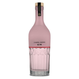 A single pink-hued bottle with a frosted pink top half, and clear bottom half. The Chapel Down Gin name is written centrally.