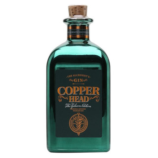 A single teal-hued bottle with a cork closure, the Copper Head name is written in a copper coloured font in the centre.