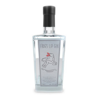 A single transparent bottle with a matte black closure. The Frogs Lip Gin name is written above a frog with bright red lips.