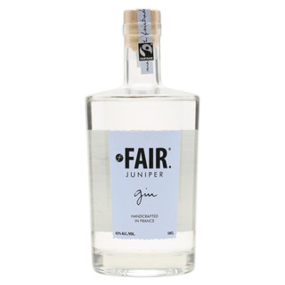 A single transparent bottle with the Fair Juniper Gin name written in black against a pale blue label in the centre.