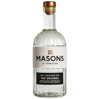 A single transparent bottle with a clean monochrome label in the centre. The Masons name is written in bold black letters.