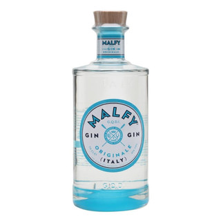 A single pale blue-hued bottle with a bright blue circular logo in the centre, with the Malfy name written in blue letters.