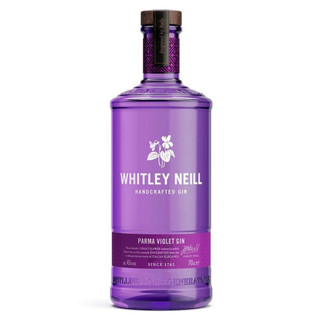 A single purple-hued bottle with a white printed violet flower above the bold Whitley Neill name which sits central in white.