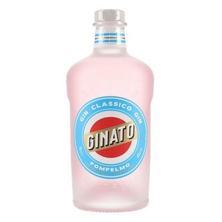 A single frosted pink-hued bottle with a bright blue, white, and red circle label in the centre with the Ginato name in bold.