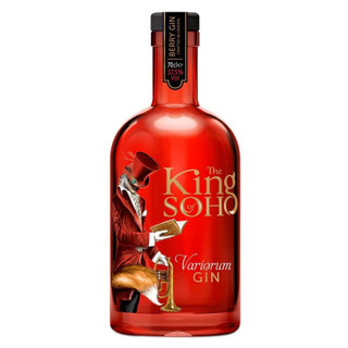 A single red bottle with the King Of Soho printed in gold next to an image of a man with a foxes tail and a trumpet.