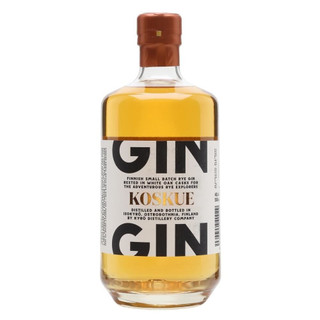 A single transparent bottle, the Koskue name sits central on the white label, with Gin written in bold black above and below.