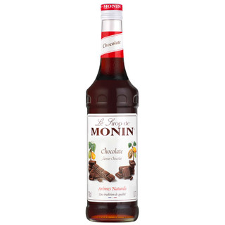 A 70cl glass bottle with a white label showing an image of chocolate of Monin Dark Chocolate Syrup