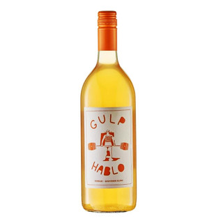 A 1 litre glass bottle with a a white land orange label of  Gulp Hablo Orange Wine