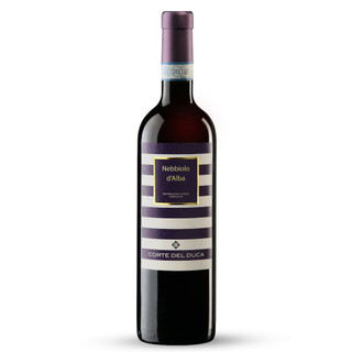 A clear glass 75cl bottle with white and purple striped label and top of Corte Del Duca Nebbiolo wine