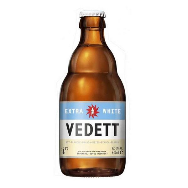 A contemporary, minimalist designed bottle of Vedett Extra White Beer, emphasising on the Extra White in capitals.