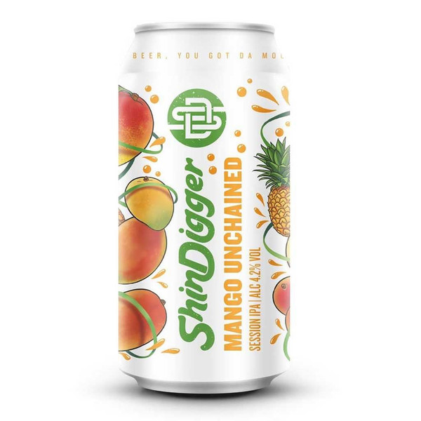 A single 440ml can of Shindigger Mango, with pictures of tropical fruit