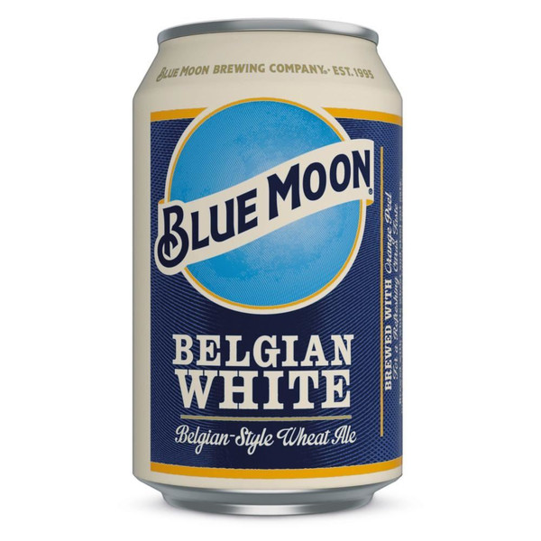 A single can of Blue Moon Belgian-Style Ale featuring a bright crescent moon against a backdrop of deep blue sky.