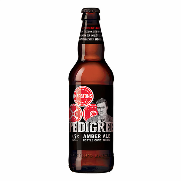 A single, amber bottle of Marstons Pedigree Ale, featuring the classic branding and embossed label in an elegant, serif font.