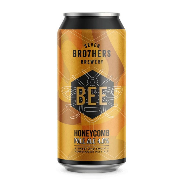 A single can of Seven Brothers Honeycomb IPA with an intricate honeycomb pattern against a golden-amber coloured backdrop.