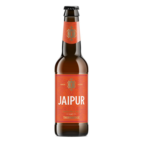 A single amber-hued bottle of Jaipur IPA with a sunset orange label with the Jaipur name in bold white letters in the centre.