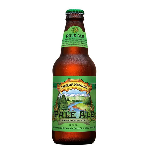 A single amber-hued bottle of Sierra Nevada Pale ale, showing a fresh green label, landscaped with green trees and a stream.