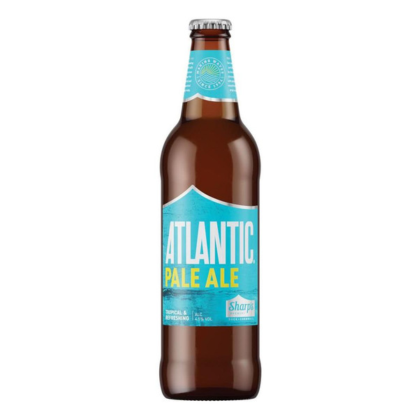 A single, amber-hued bottle of Atlantic Pale Ale. The label is a blue wave design with Atlantic in bold white letters.