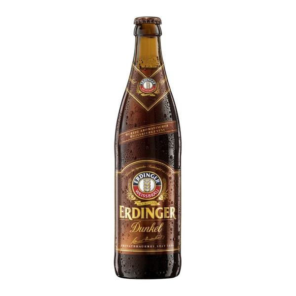 A single brown-hued bottle of Erdinger Dunkel with a metallic brown label and Erdinger written in the centre in a gold font.
