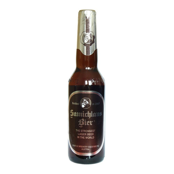 A single brown bottle with a silver neck, the centre label showcases a silver border with the Samichlaus Bier centred.