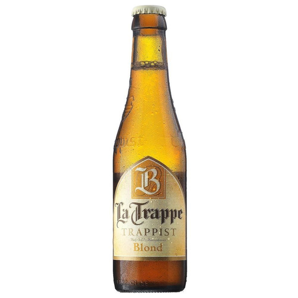 A single amber-hued chilled bottle with a beige label, showcasing La Trappe in dark letters, below a gold embossed letter B.