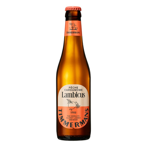 A single bottle with a peach-coloured cap and label. Timmermans is written across the body of the bottle below a peach image.