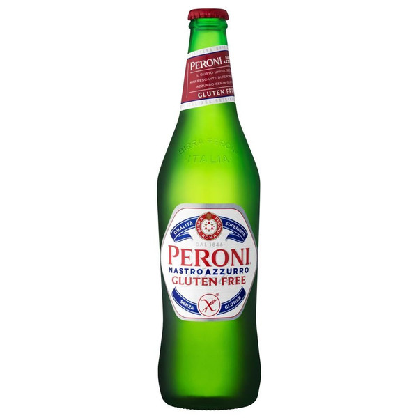 A single frosted green-hued bottle with a red cap and neck. In the centre is a white hexagonal label with Peroni branding.