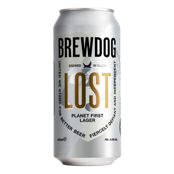 A single white tall can which features the LOST name written in bold gold letters below the infamous Brewdog name in black.