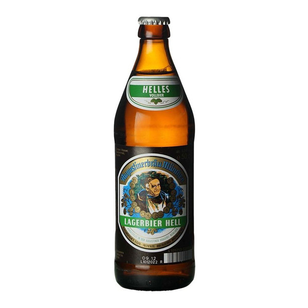 A single amber-hued bottle with a logo of Augustiner Helles, highlighted in a green box below a traditional lady figure.