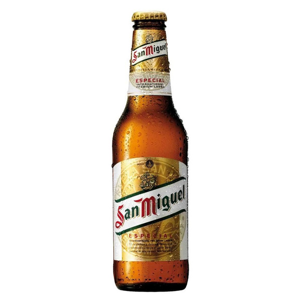 A single amber-hued chilled bottle with a golden cap and label, displaying the San Miguel Especial name in red and green.