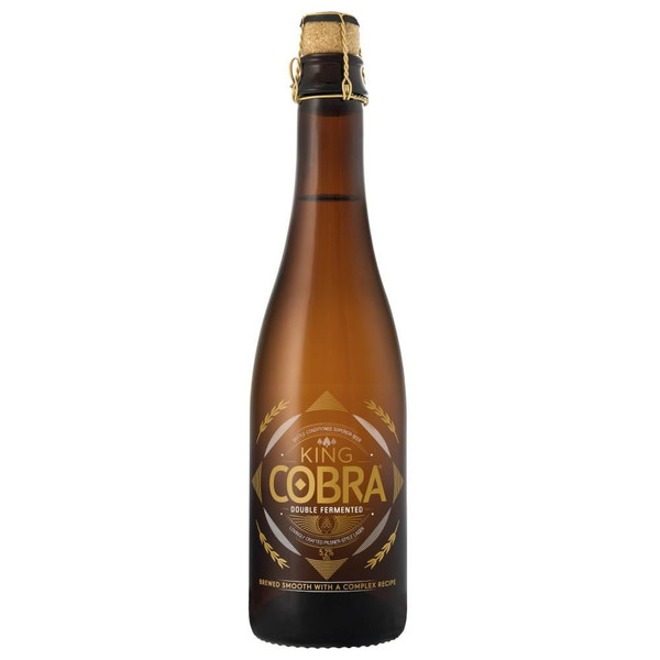 A single, matte brown-hued bottle with a cork cap, the King Cobra label is embossed onto the bottle in brown and white.