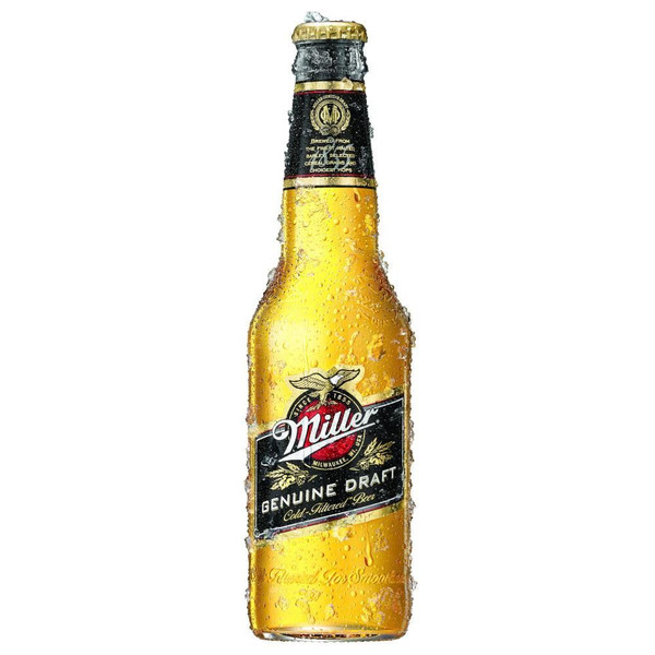 A single, yellow-hued bottle with a black label in the centre, showing an eagle above the Miller name on a red circle.