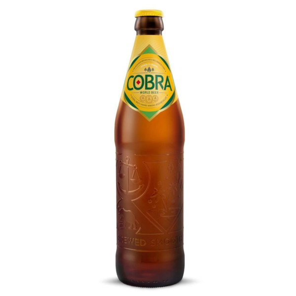A single matte brown-hued bottle with a yellow cap, the neck showcases a soft yellow label with Cobra in dark green.