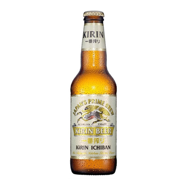 A single amber-hued chilled bottle with a white and gold label around the centre showcasing the Kirin brand in gold and white