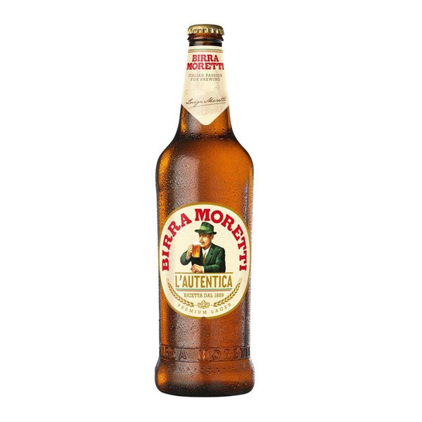 A single brown-hued bottle with a circular white centralised label. Birra Moretti is written in inside of the circle.