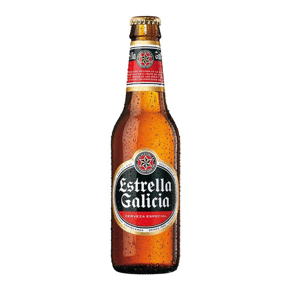 A single amber-hued bottle with a circular label sits centrally around the body with Estrella Galicia name written in white.