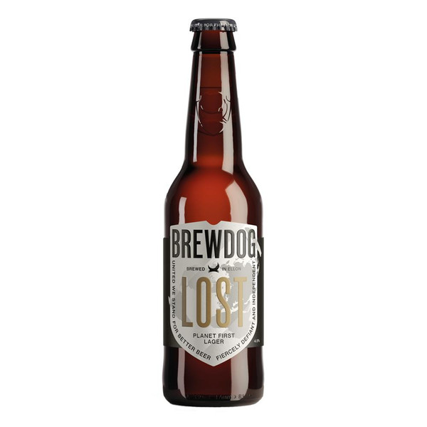 A single brown bottle with a white crested label, showing the Brewdog name, with LOST written in a beige colour underneath.