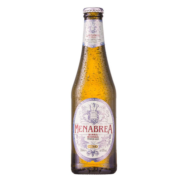 A single, amber-hued chilled bottle with a white label in the centre, outlined in silver, showcasing the Menabrea branding.