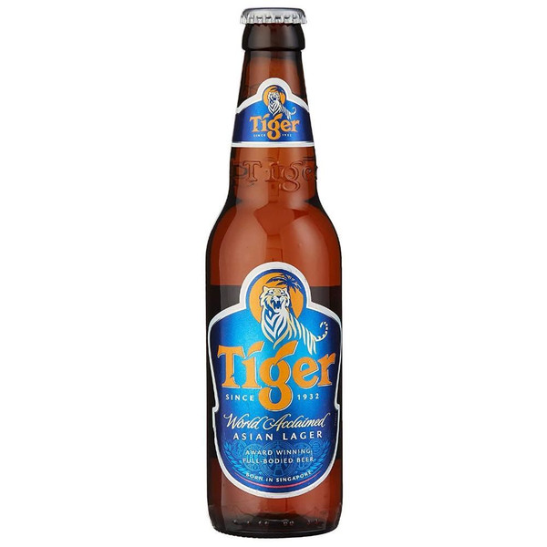 A single brown-hued bottle with a metallic blue label which shows a tiger image, above the Tiger Asian Lager branding.