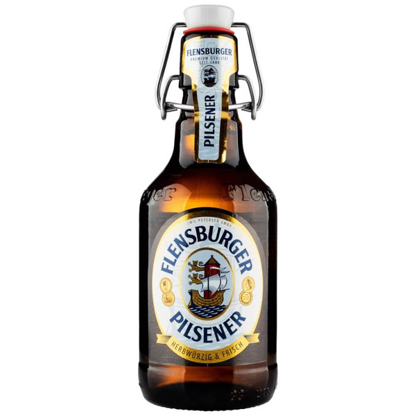 A brown bottle with an air-lock cap. The Flensburger Pilsner name is embossed around the centre above a white and gold label.