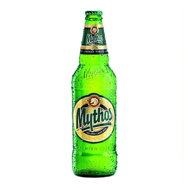 A single green bottle with a dazzling gold circular label in the centre, showcasing the Mythos name underlined in deep green.