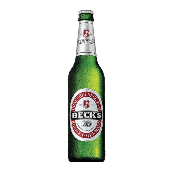 A single green-hued chilled bottle with a silver label around the body, with a red oval inside, showcasing Becks label.