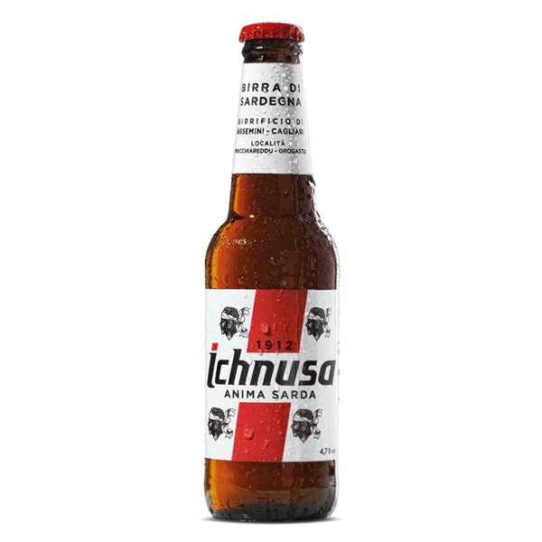 A single amber-hued chilled bottle with a red and white label around the body, highlighting the Ichnusa name in black.