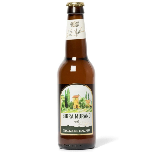 A single brown-hued bottle with a modern style label, showing the Birra Murano name in sleek black letters in the centre.