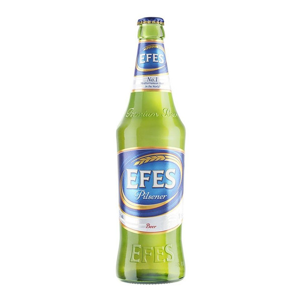 A single green-hued chilled bottle with a deep blue label around the centre, showcasing Efes Pilsner name in the centre.