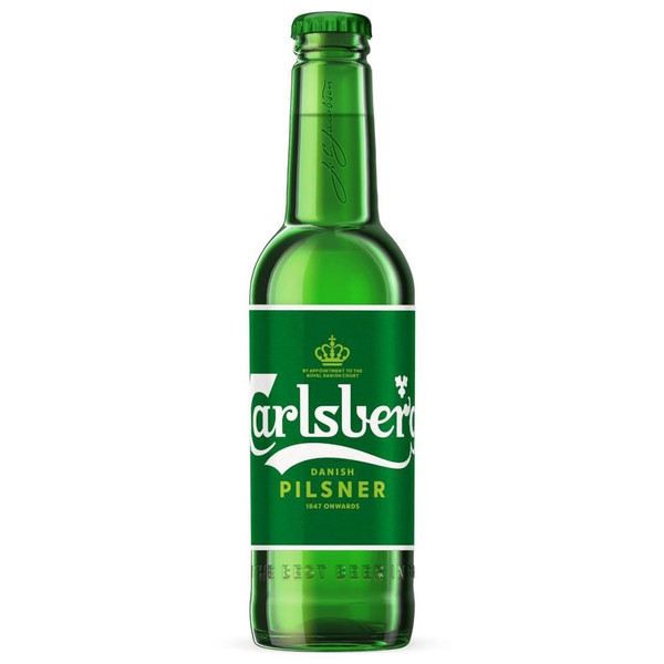 A single green bottle with a green label around the body, outlined in white. The Carlsberg name stands proud in the centre.