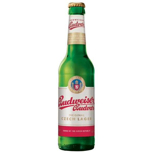 A single green-hued bottle with a beige and red label around the body and neck, showcasing the Budweiser Budvar name in red.
