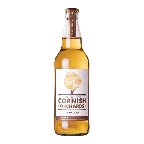 A single transparent bottle with a modern square label in the centre, showcasing the Cornish Orchards name in deep brown.