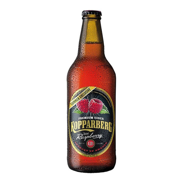 A single amber-hued bottle with an oval black and gold label in the centre. The Kopparberg name is written in gold.