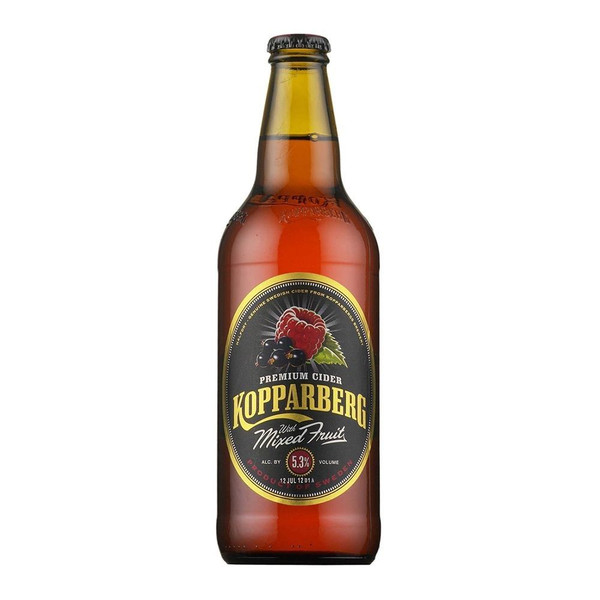 A single amber-hued bottle with a black oval label around the body, outlined in gold, the Kopparberg name is written in gold.