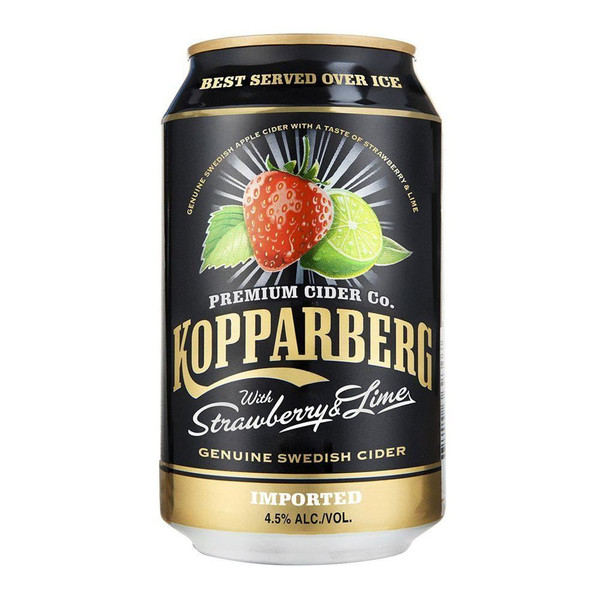 A single black can with Kopparberg written in bold gold letters in the centre, below an image of a strawberry and a lime.